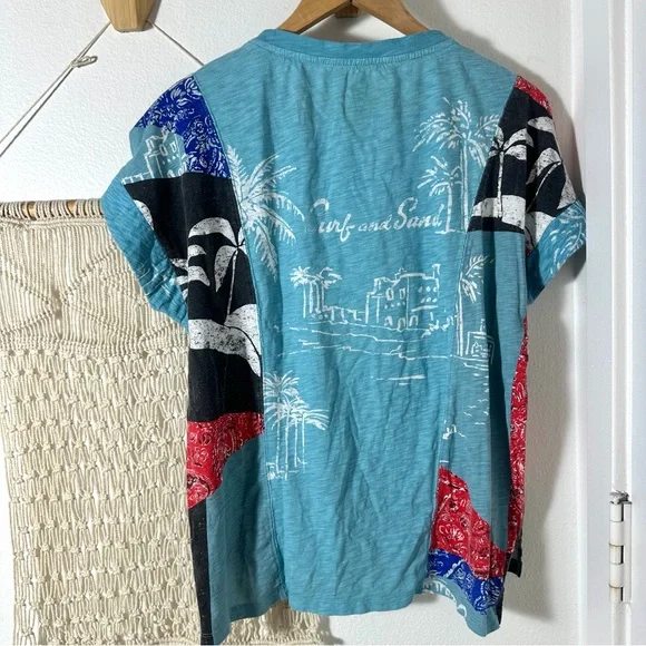 Anthropologie Pilcro Laguna Aqua Surf and Sand Graphic Patchwork Bandana Tee S - Picture 3 of 13